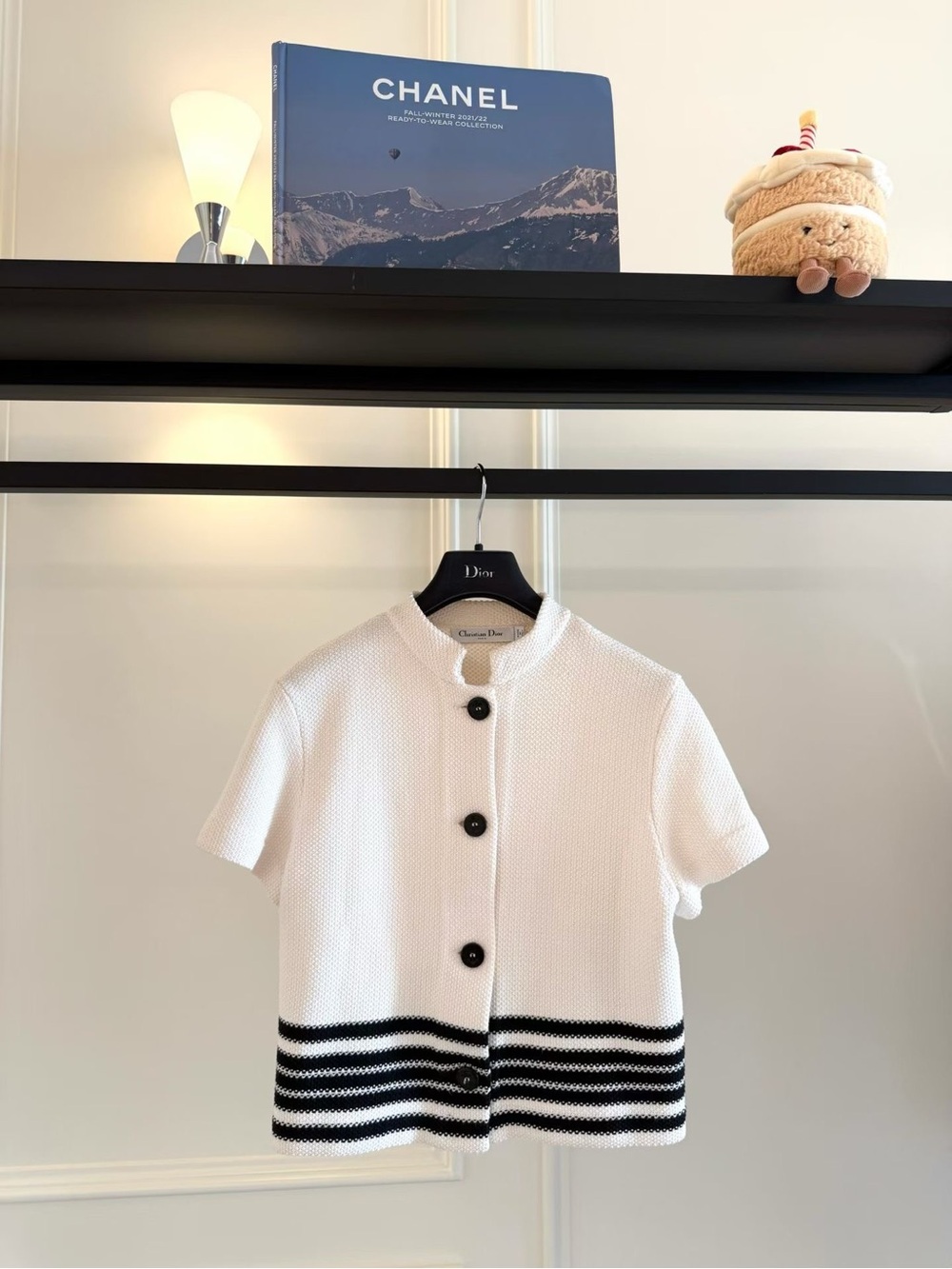Dior White Short-Sleeve Knit Top with Black Stripes